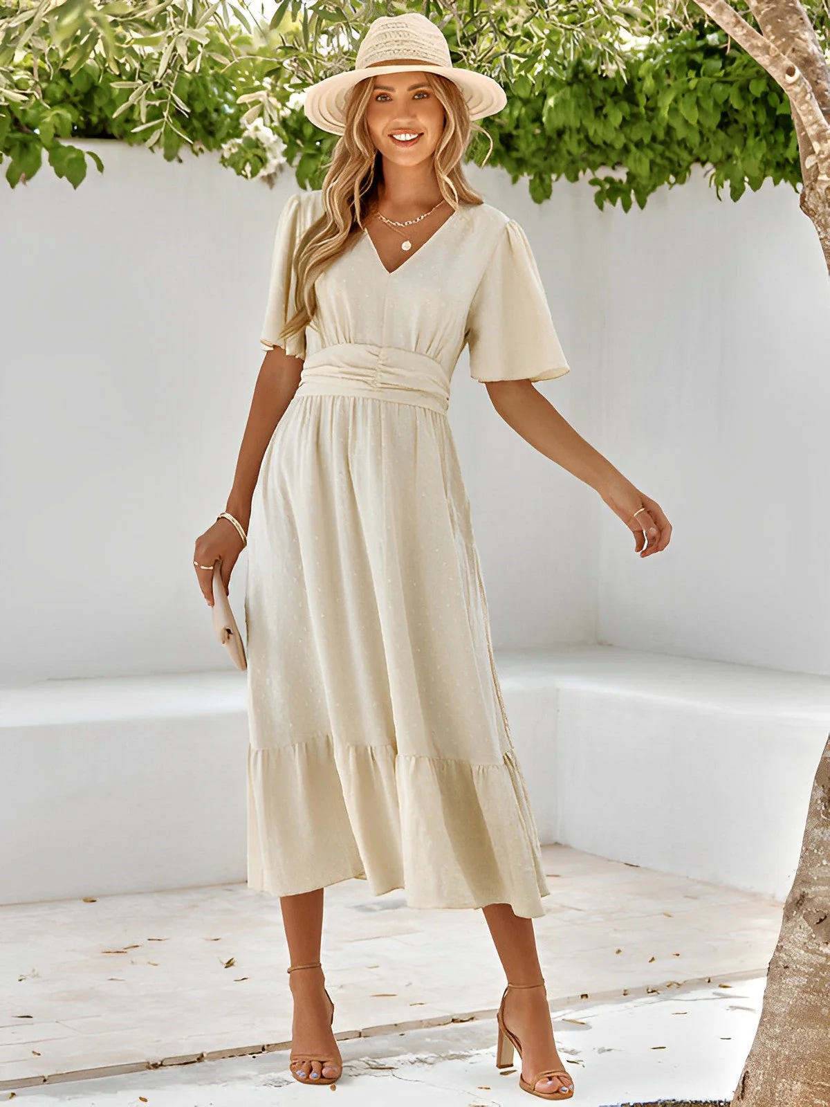 Women's Summer Belted Midi Dress with V-neck and Short Sleeve - Image 5