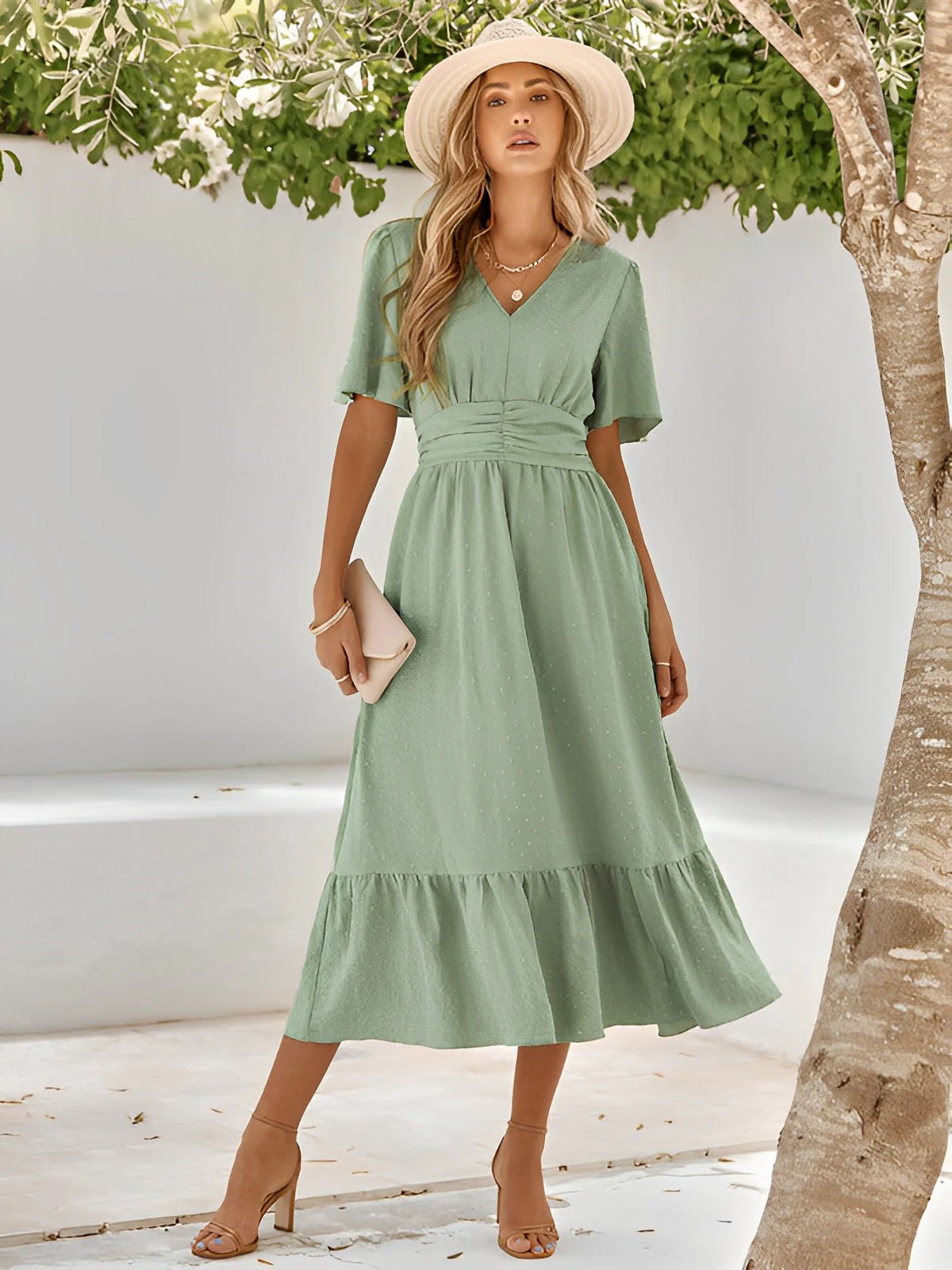Women's Summer Belted Midi Dress with V-neck and Short Sleeve - Image 9