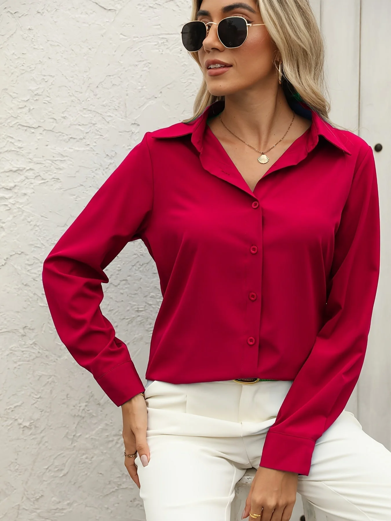 Women's Summer Blouse with Buttons and Long Sleeves - Image 2