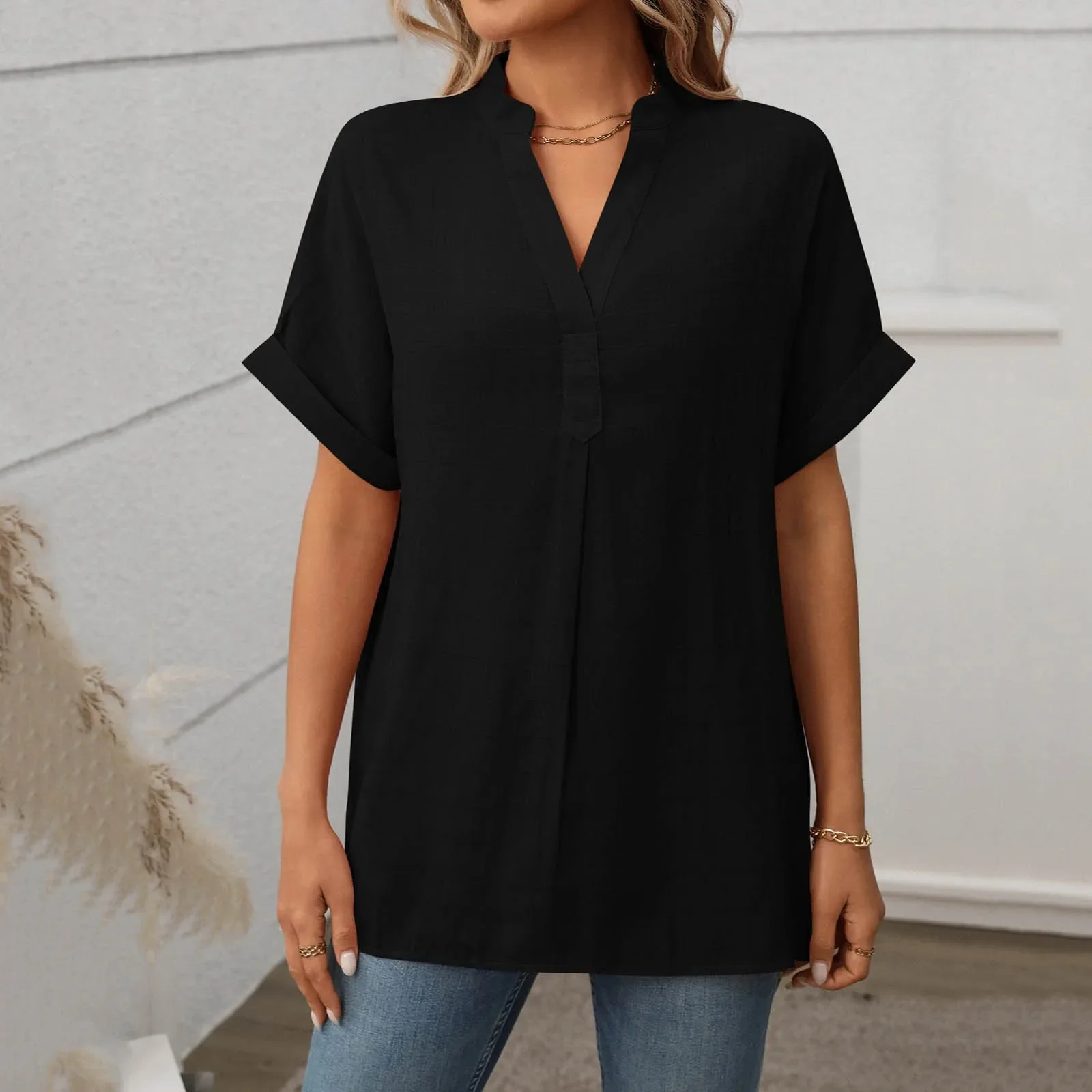 Women's Summer Blouse with V-neck and Short Sleeves - Image 2