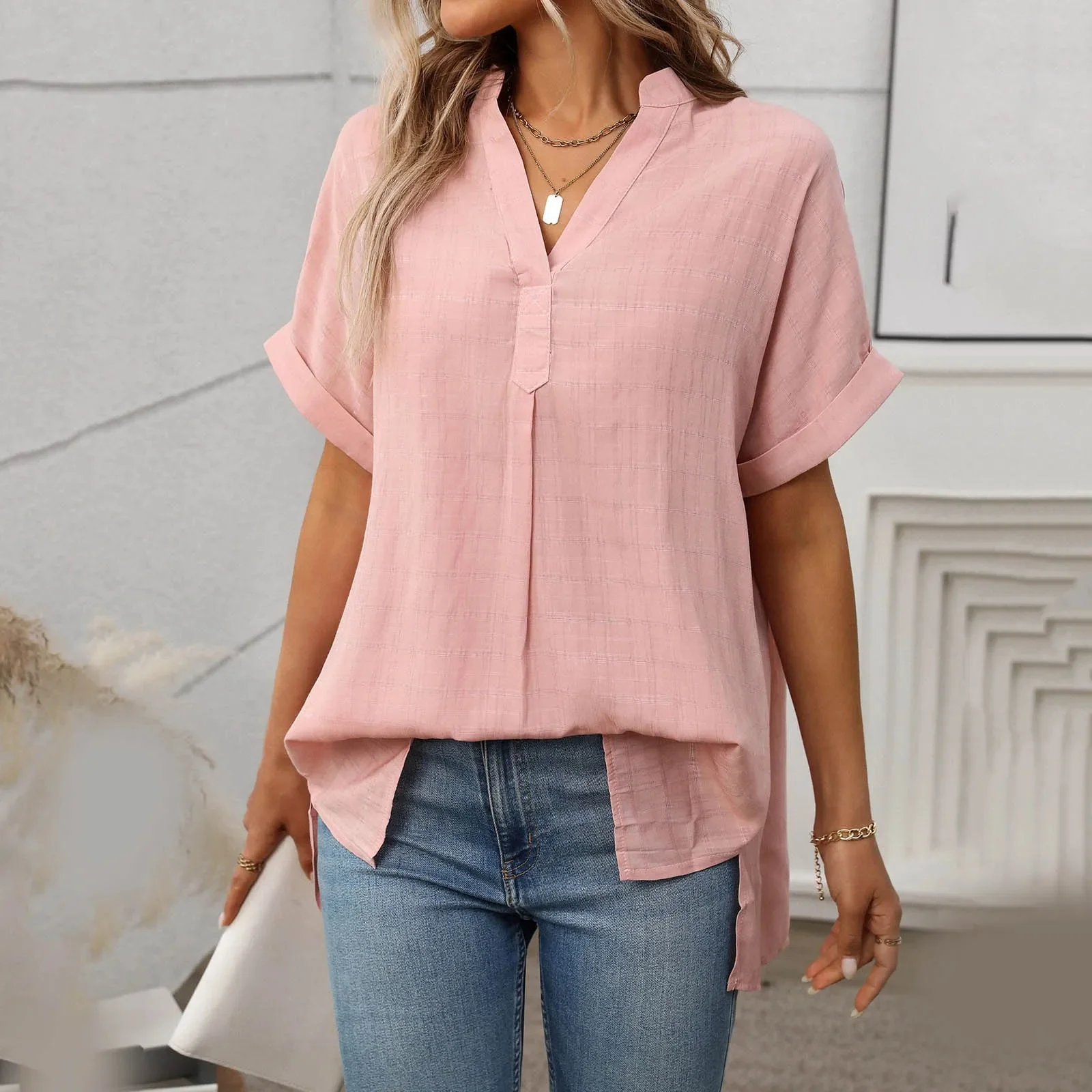 Women's Summer Blouse with V-neck and Short Sleeves - Image 3