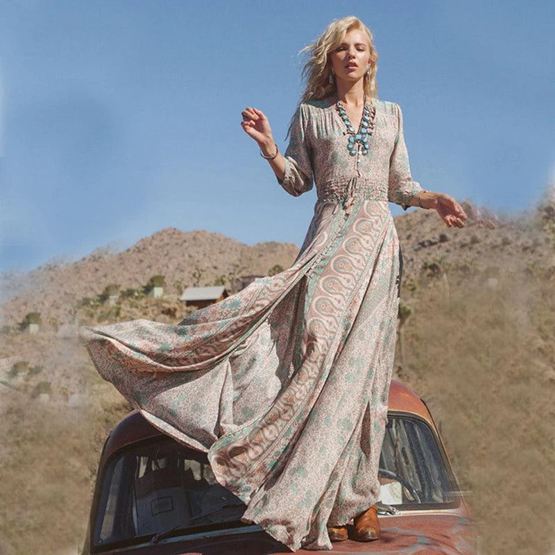 Women's Summer Boho Maxi Dress with V-neck and Slit - Image 2