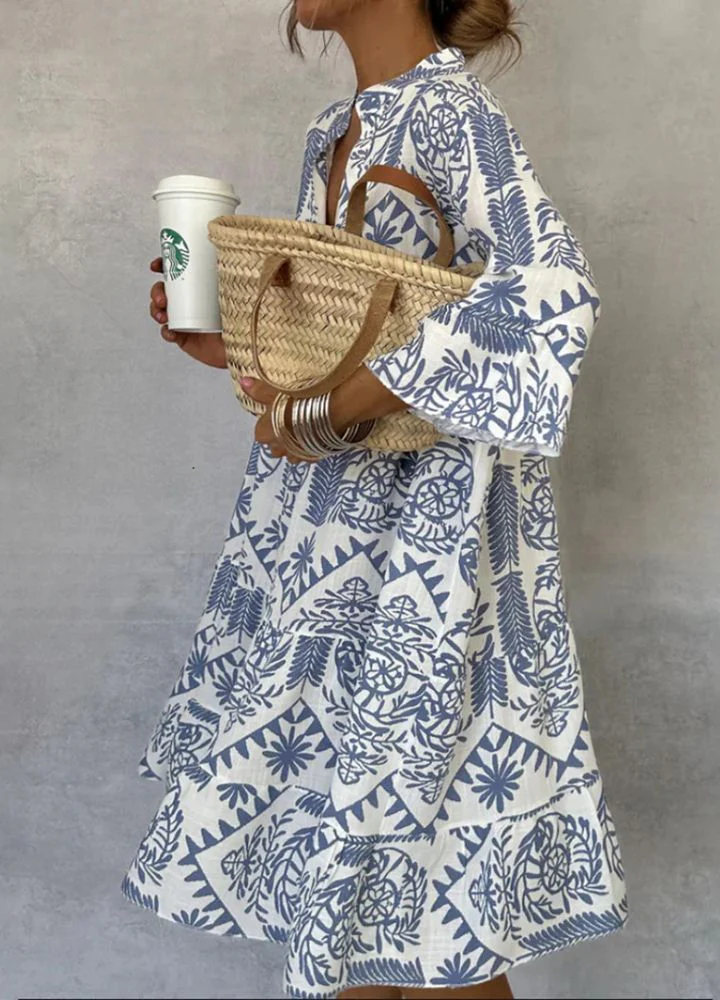 Women's Summer Boho Print Midi Dress with V-neck