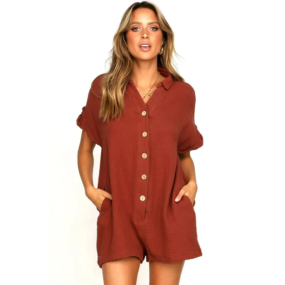 Women's Summer Buttoned Jumpsuit Short with Pockets and Short Sleeves - Image 4