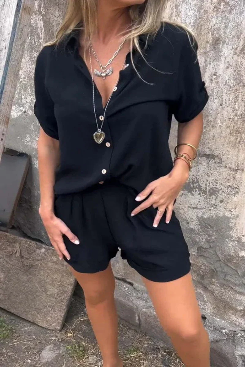 Women's Summer Buttoned Two Piece Set with Short Sleeve Blouse and Shorts - Image 3