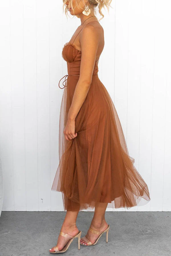 Women's Summer Corset Midi Dress with Tulle Skirt and Spaghetti Straps - Image 10