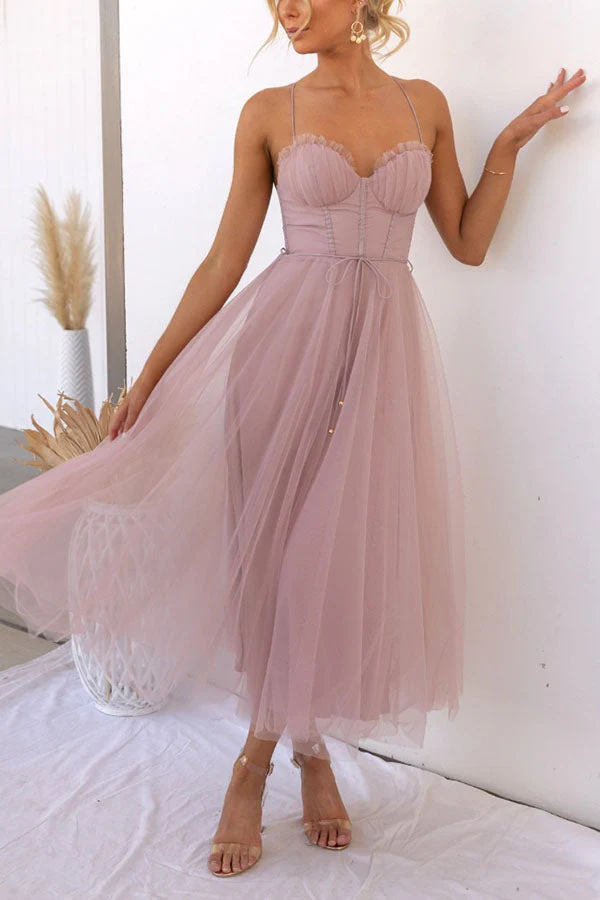 Women's Summer Corset Midi Dress with Tulle Skirt and Spaghetti Straps - Image 13