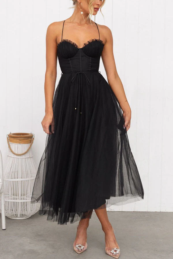 Women's Summer Corset Midi Dress with Tulle Skirt and Spaghetti Straps - Image 14