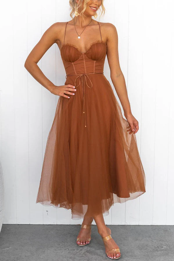 Women's Summer Corset Midi Dress with Tulle Skirt and Spaghetti Straps - Image 15