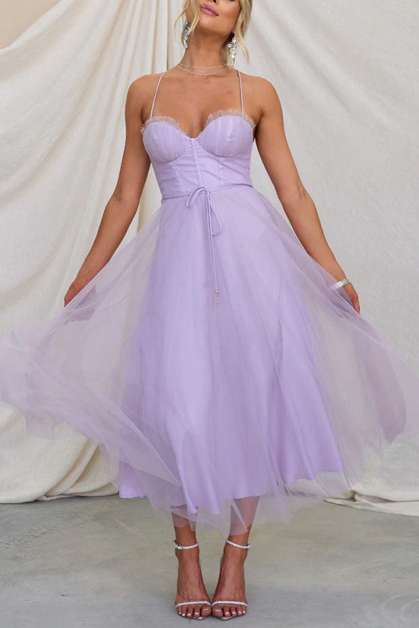 Women's Summer Corset Midi Dress with Tulle Skirt and Spaghetti Straps - Image 16