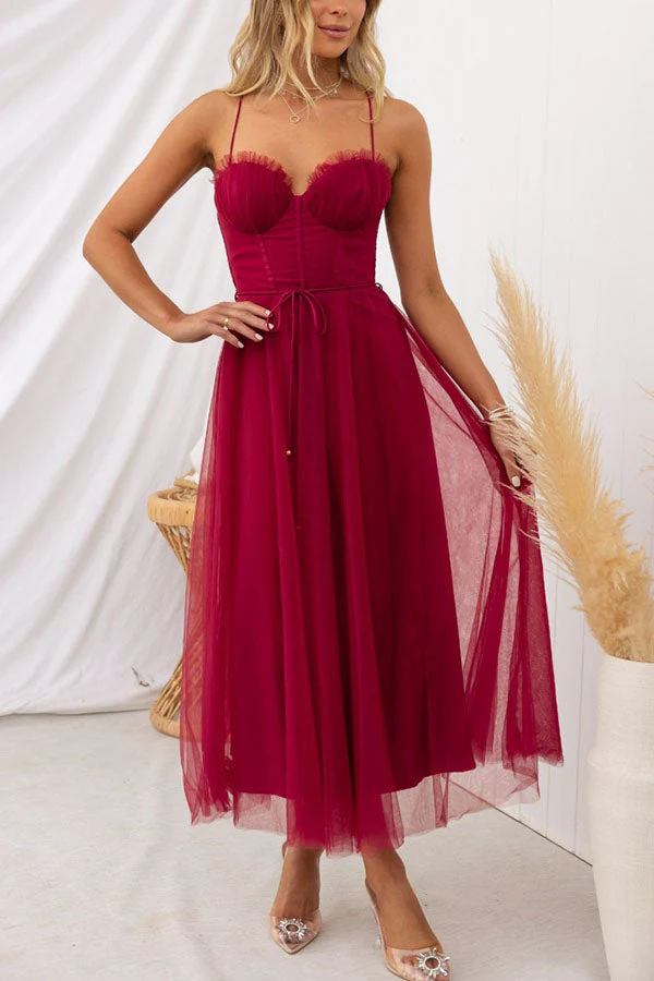 Women's Summer Corset Midi Dress with Tulle Skirt and Spaghetti Straps - Image 19