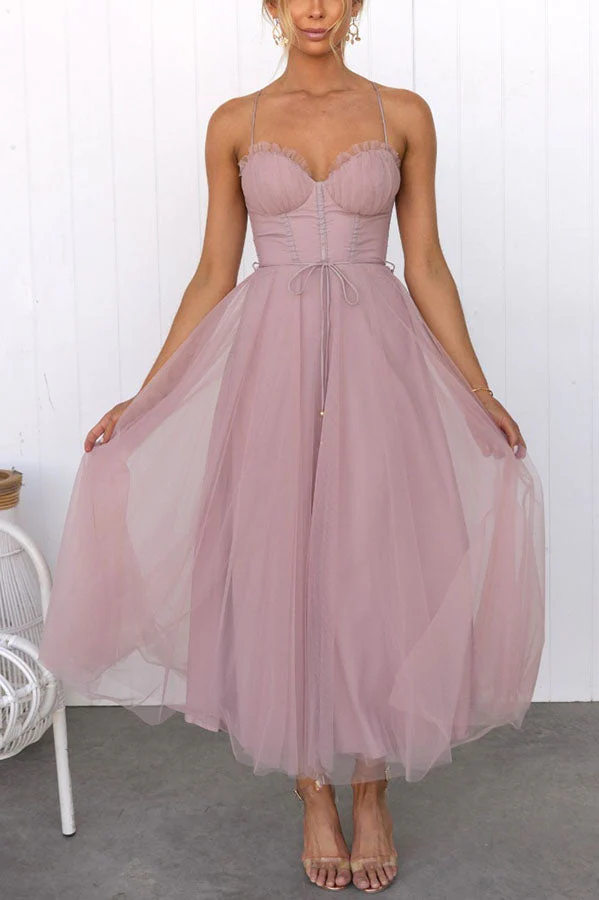 Women's Summer Corset Midi Dress with Tulle Skirt and Spaghetti Straps - Image 2