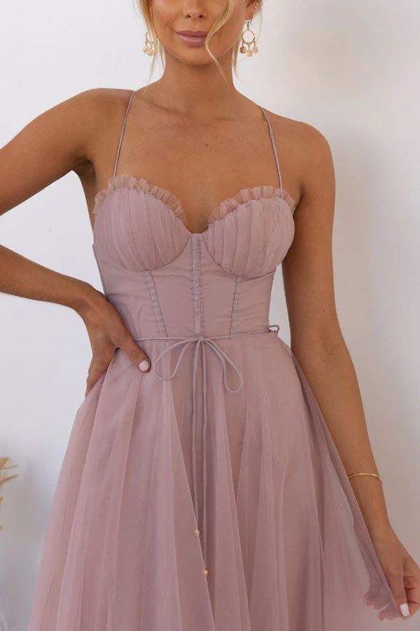 Women's Summer Corset Midi Dress with Tulle Skirt and Spaghetti Straps - Image 4
