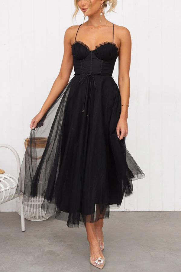 Women's Summer Corset Midi Dress with Tulle Skirt and Spaghetti Straps - Image 5