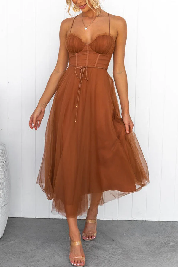 Women's Summer Corset Midi Dress with Tulle Skirt and Spaghetti Straps - Image 9