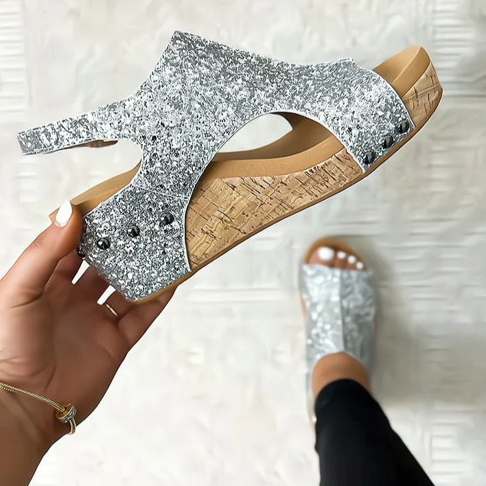 Women's Summer Cutout Wedge Sandals with Stud Accents and Glitters - Image 2