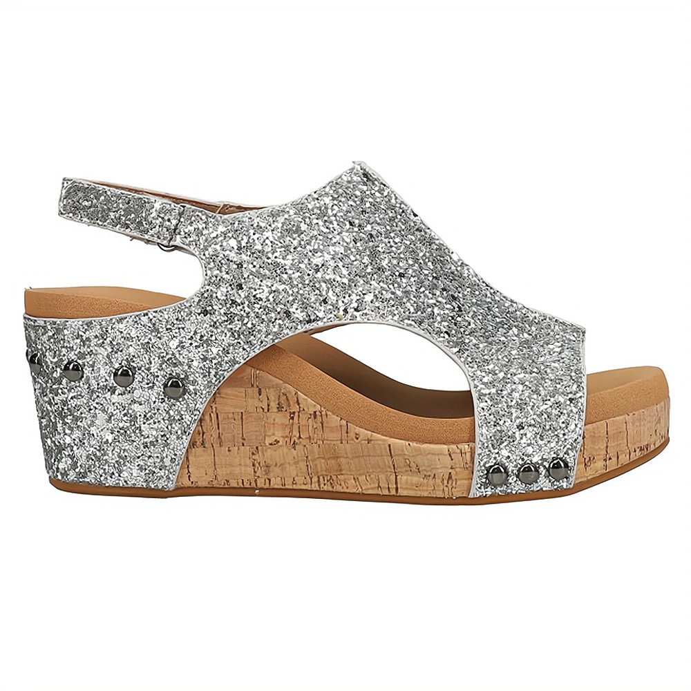 Women's Summer Cutout Wedge Sandals with Stud Accents and Glitters - Image 5