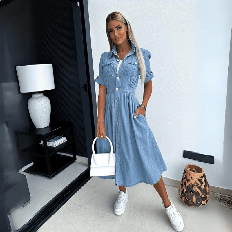 Women's Summer Denim Midi Dress with Full Buttons and Short Sleeves
