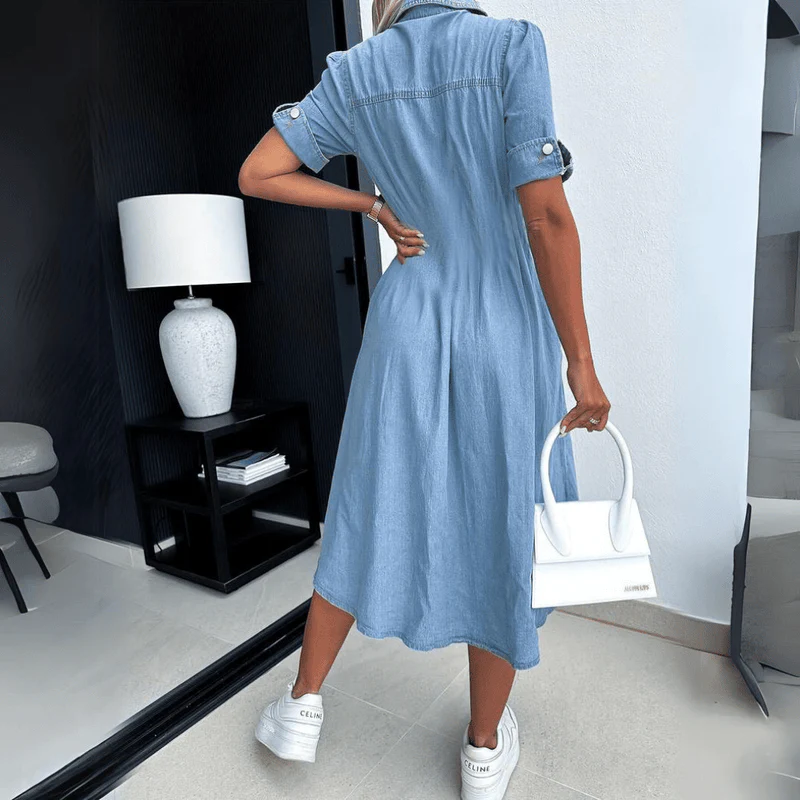 Women's Summer Denim Midi Dress with Full Buttons and Short Sleeves - Image 2