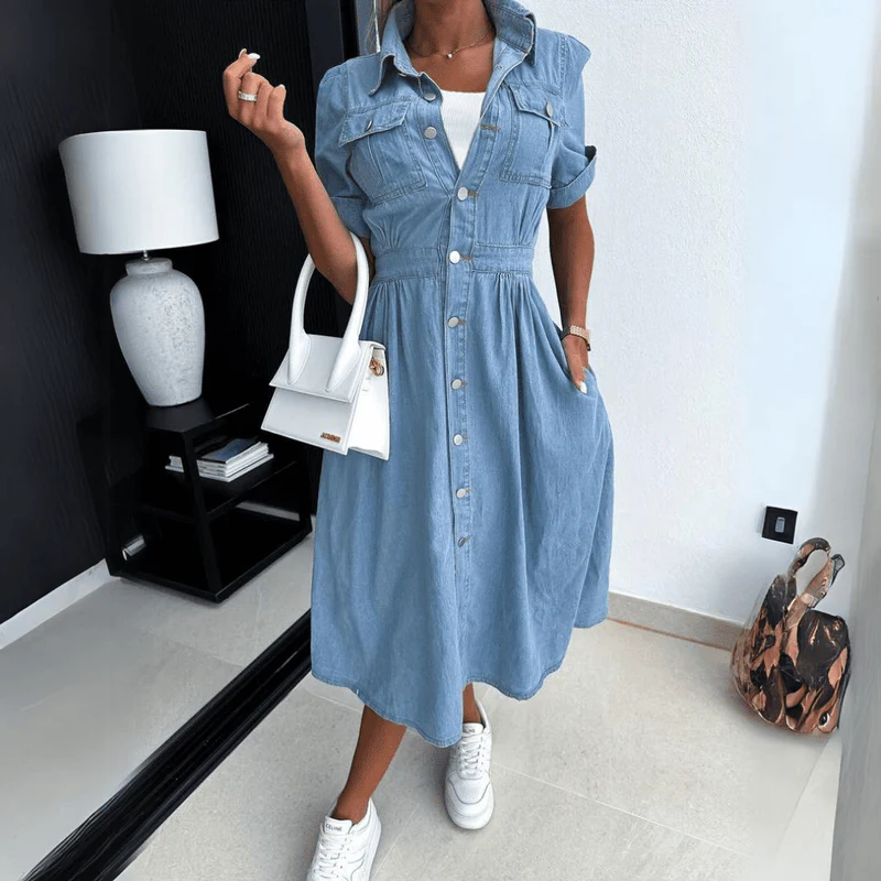 Women's Summer Denim Midi Dress with Full Buttons and Short Sleeves - Image 3