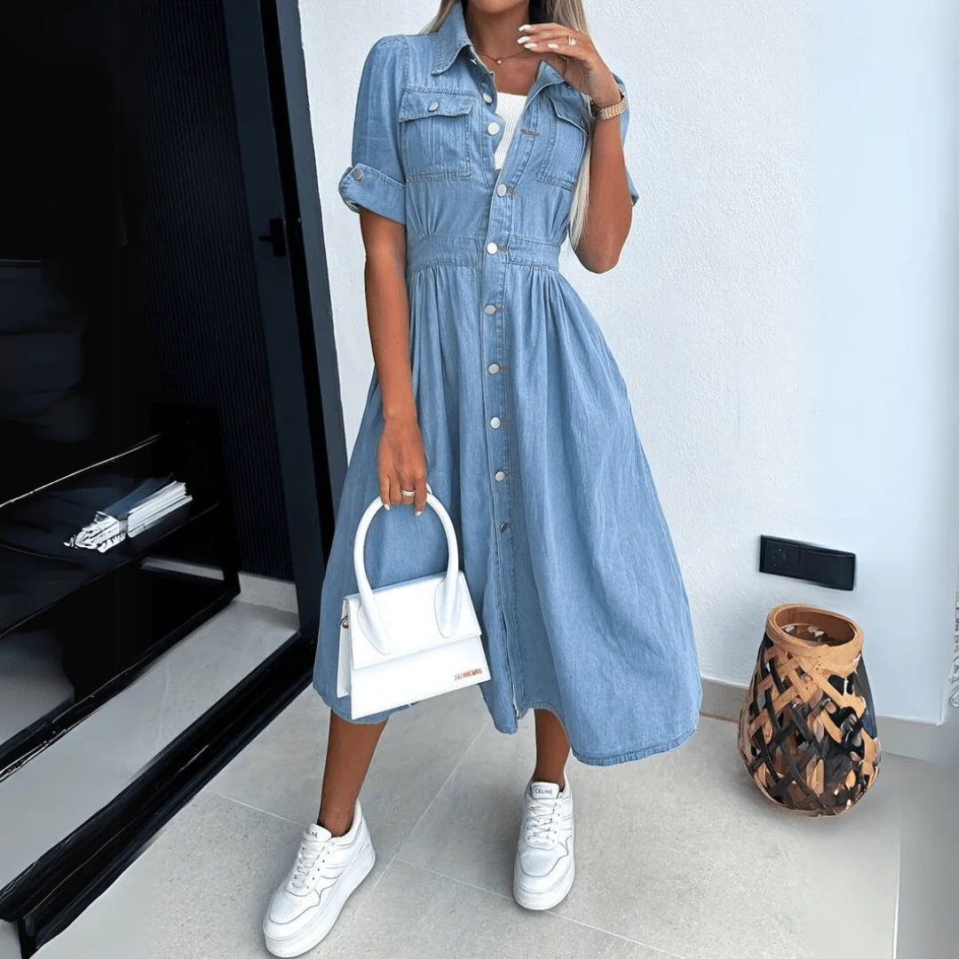Women's Summer Denim Midi Dress with Full Buttons and Short Sleeves - Image 4