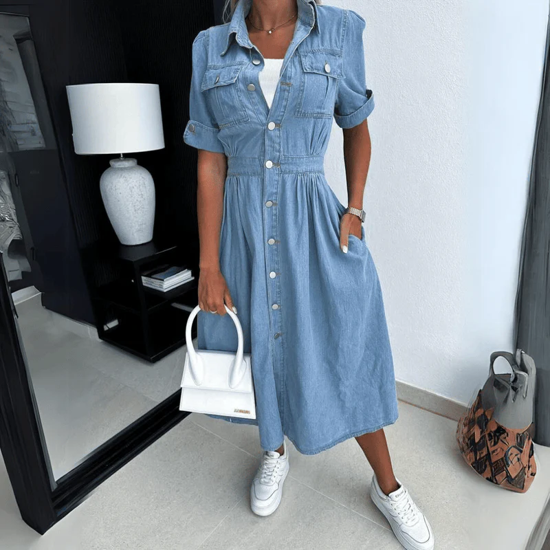 Women's Summer Denim Midi Dress with Full Buttons and Short Sleeves - Image 5