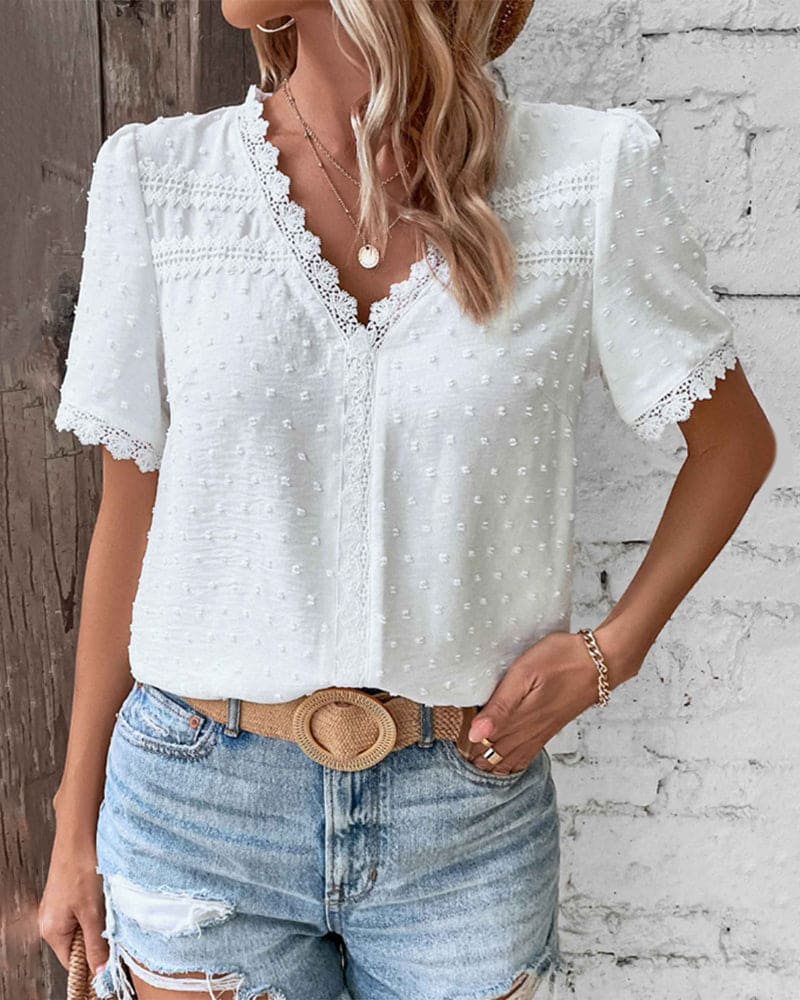Women's Summer Embroidered Blouse with V-neck and Laces - Image 3