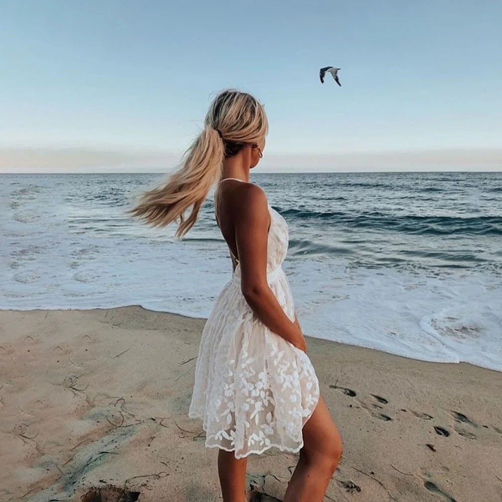 Women's Summer Embroidered Mini Dress with Deep V-Neck and Sheer Overlay - Image 3