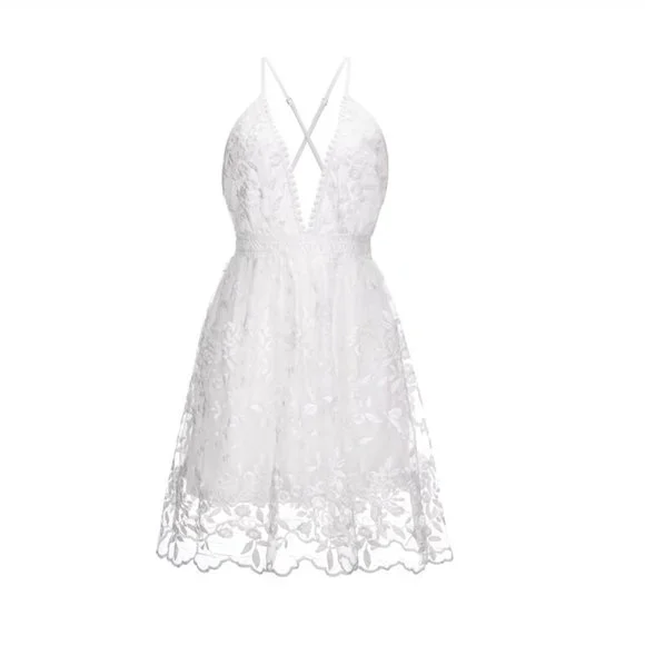 Women's Summer Embroidered Mini Dress with Deep V-Neck and Sheer Overlay - Image 5