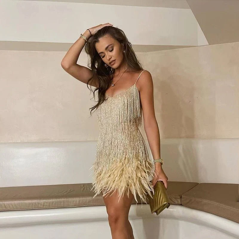 Women's Summer Evening Mini Dress with Sequined and Feather Style - Image 3