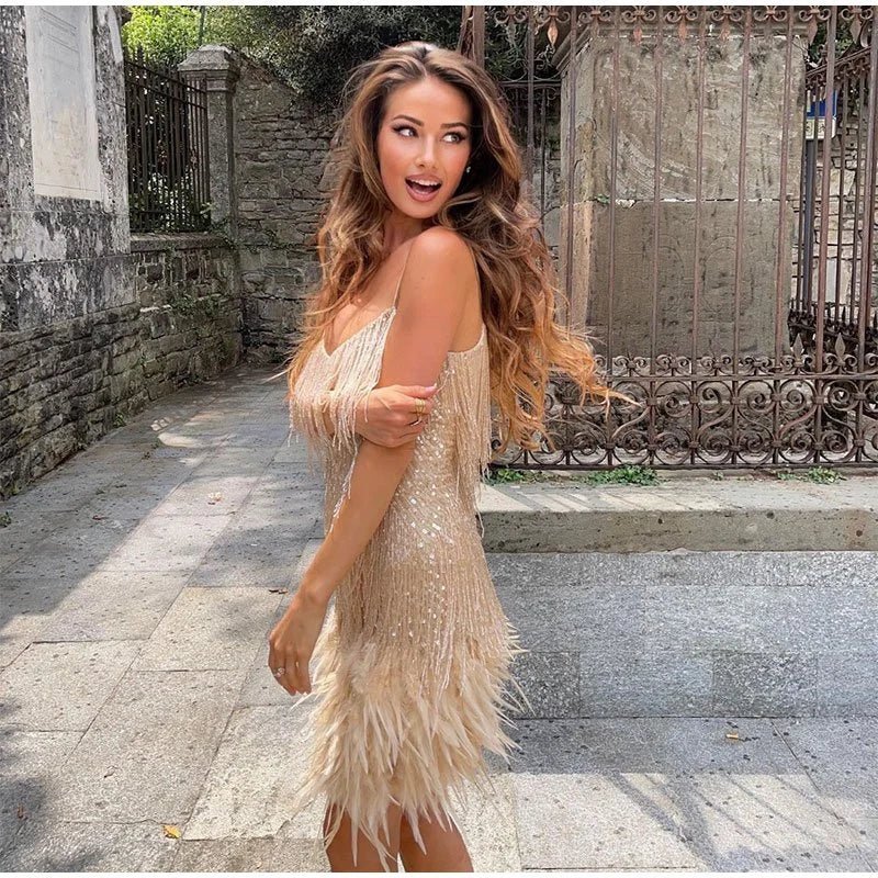 Women's Summer Evening Mini Dress with Sequined and Feather Style - Image 6