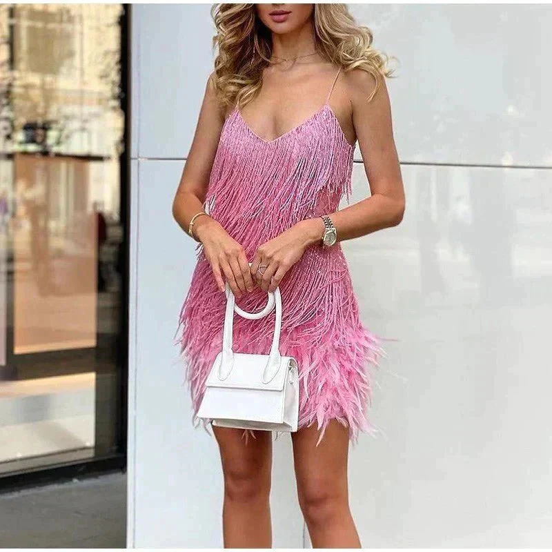 Women's Summer Evening Mini Dress with Sequined and Feather Style - Image 8
