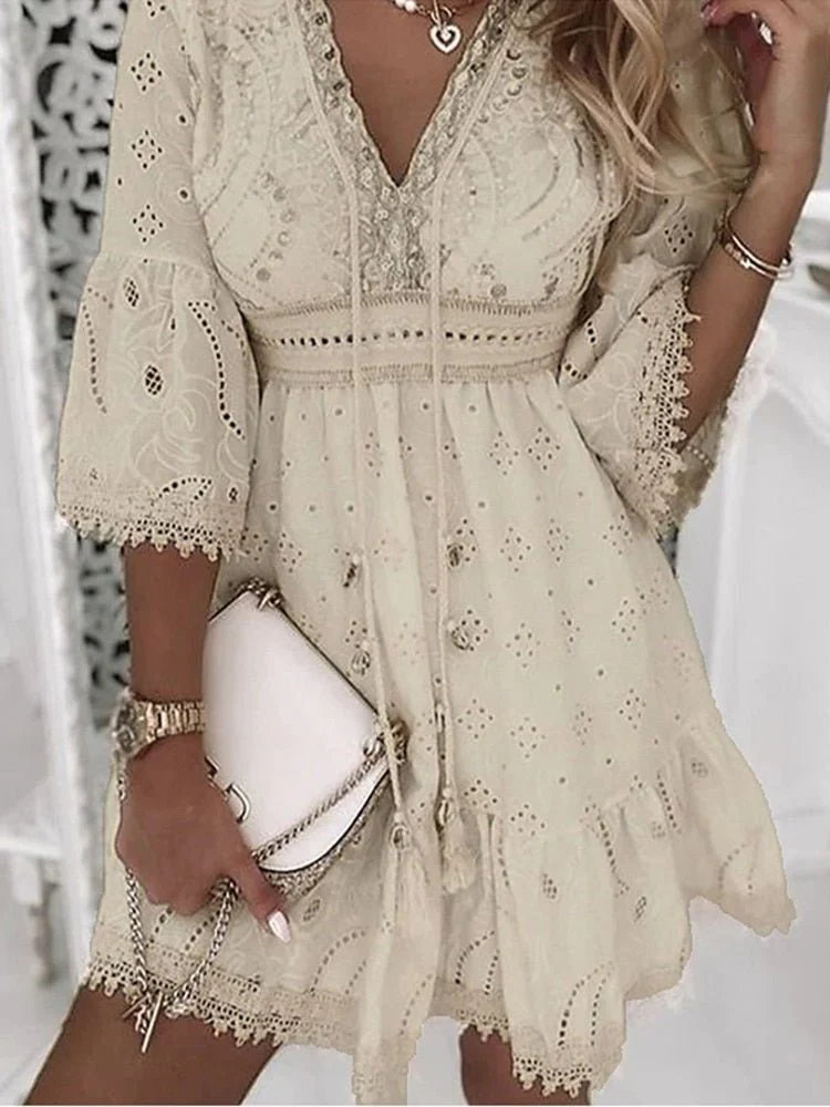 Women's Summer Eyelet Lace Dress with V-neck and Drawstring