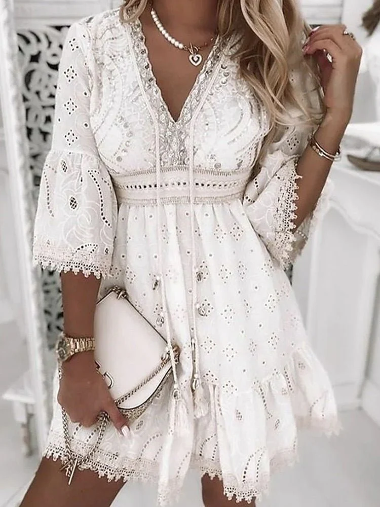 Women's Summer Eyelet Lace Dress with V-neck and Drawstring - Image 2