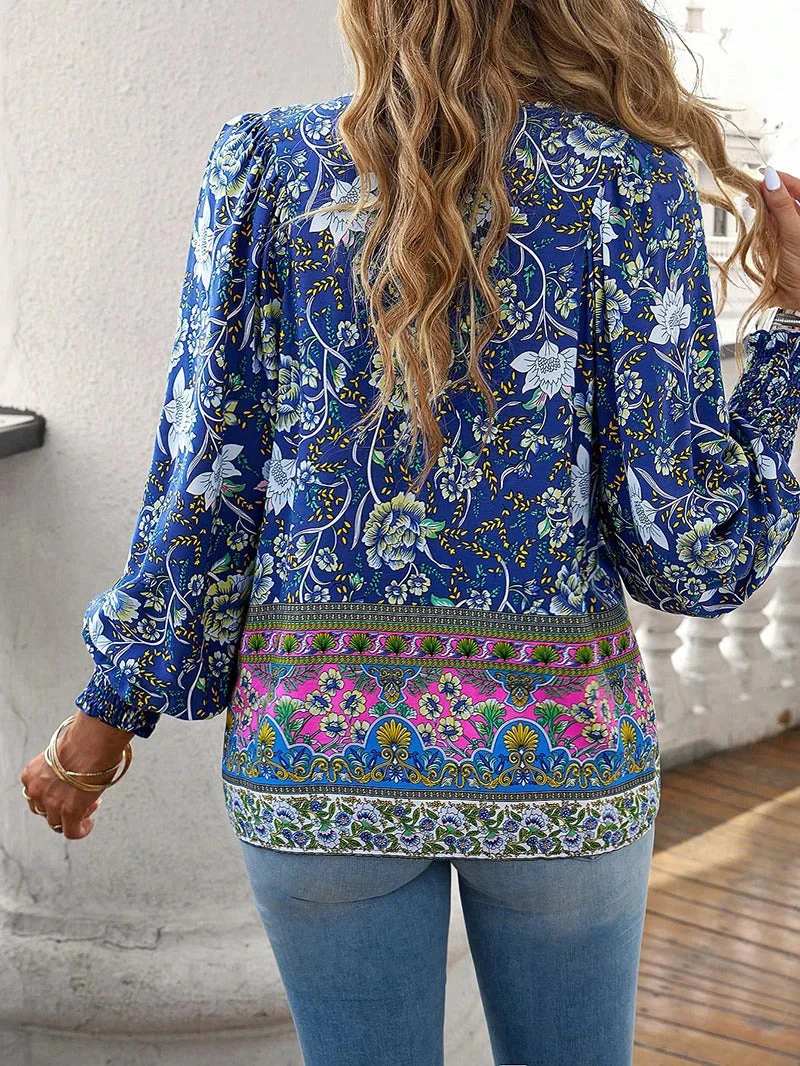 Women's Summer Floral Blouse with V-neck and Long Sleeve - Image 10