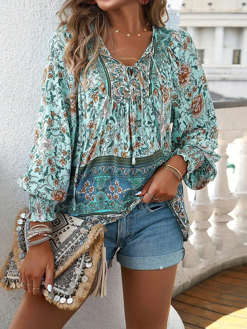 Women's Summer Floral Blouse with V-neck and Long Sleeve - Image 11