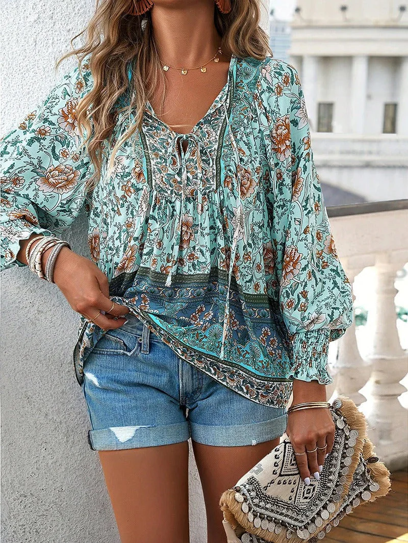 Women's Summer Floral Blouse with V-neck and Long Sleeve - Image 3