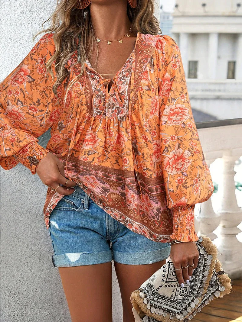 Women's Summer Floral Blouse with V-neck and Long Sleeve - Image 4
