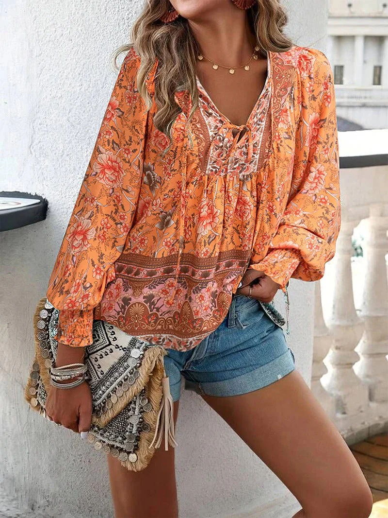 Women's Summer Floral Blouse with V-neck and Long Sleeve - Image 5