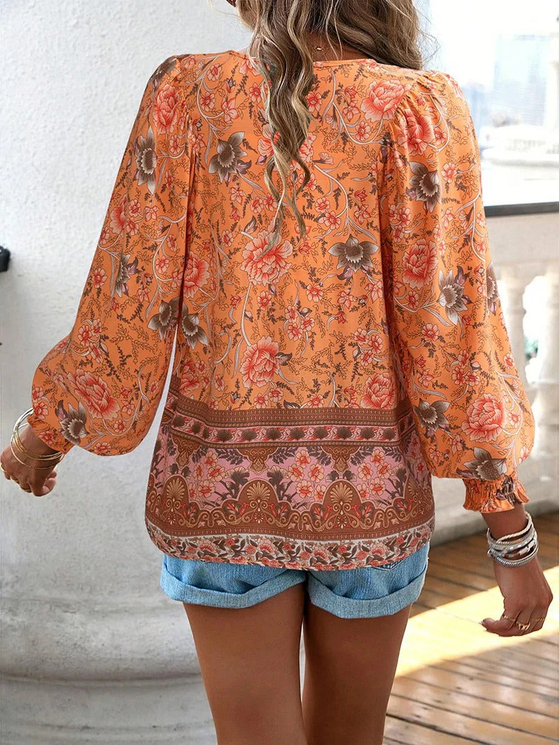 Women's Summer Floral Blouse with V-neck and Long Sleeve - Image 6