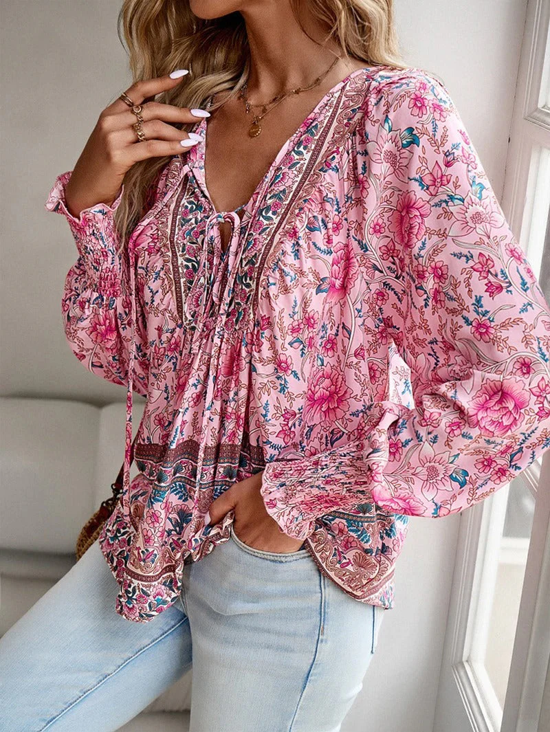Women's Summer Floral Blouse with V-neck and Long Sleeve - Image 7