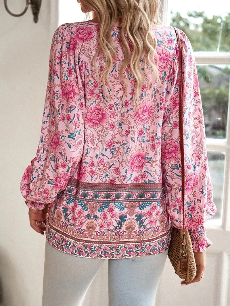 Women's Summer Floral Blouse with V-neck and Long Sleeve - Image 8