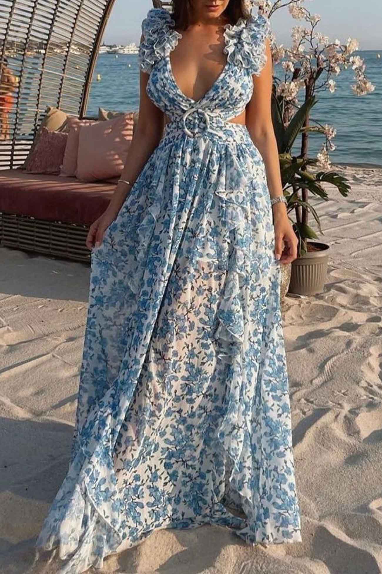 Women's Summer Floral Criss-cross Dress with Ruffles and Cut-out Waist - Image 11