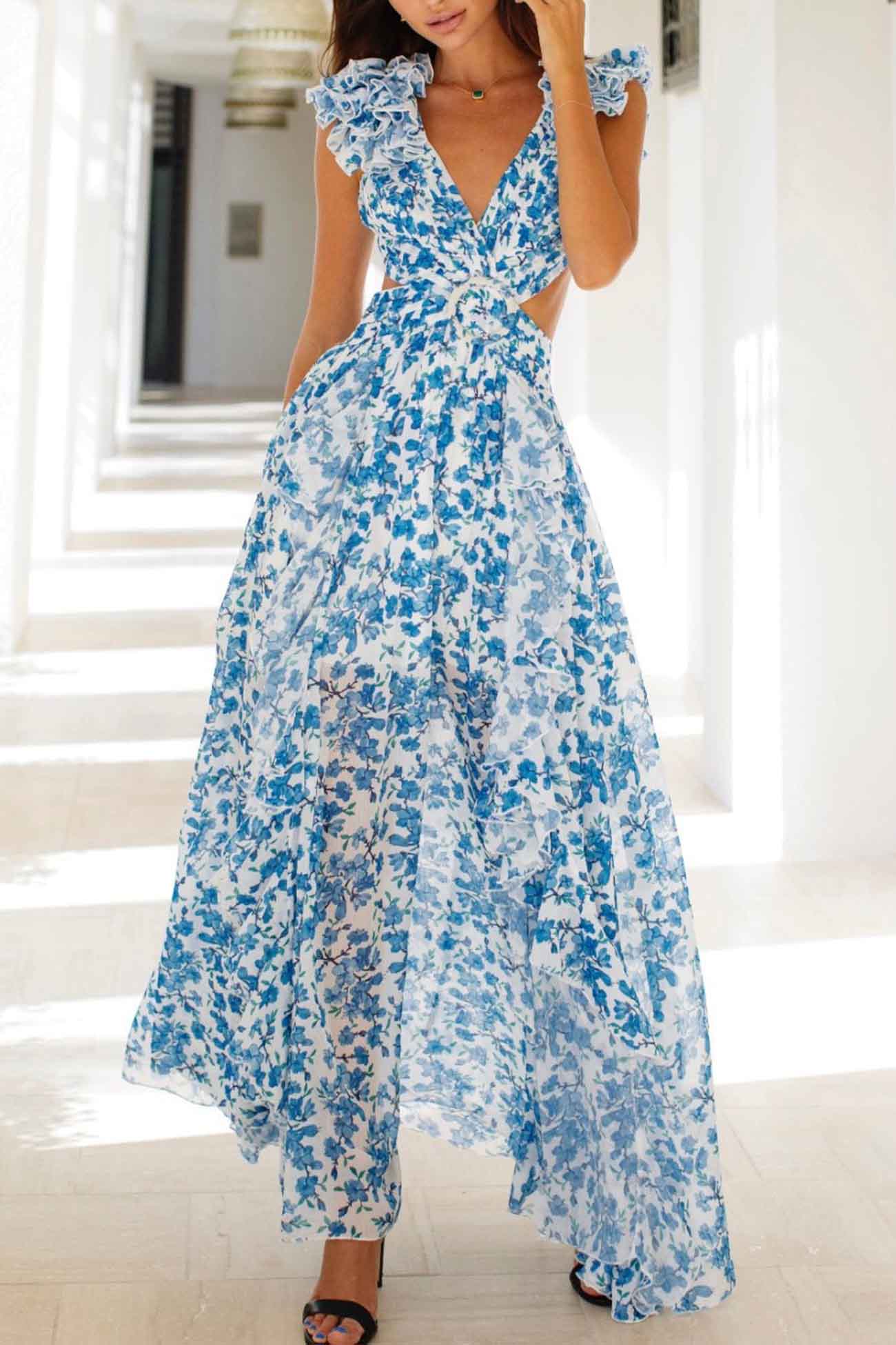 Women's Summer Floral Criss-cross Dress with Ruffles and Cut-out Waist - Image 2