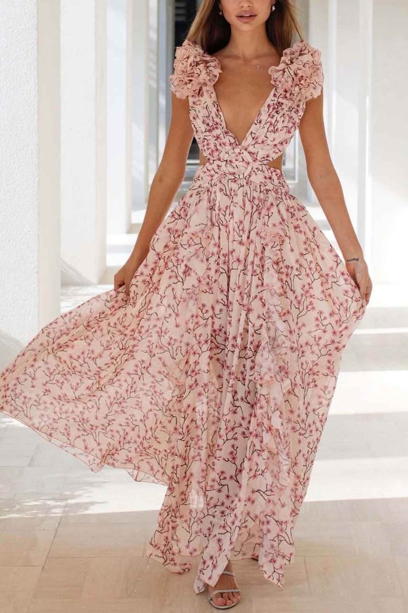 Women's Summer Floral Criss-cross Dress with Ruffles and Cut-out Waist - Image 3
