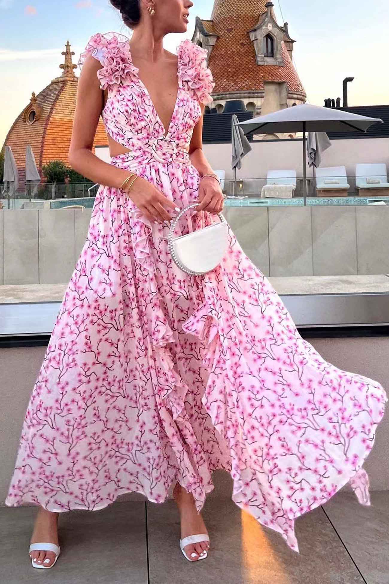 Women's Summer Floral Criss-cross Dress with Ruffles and Cut-out Waist - Image 5