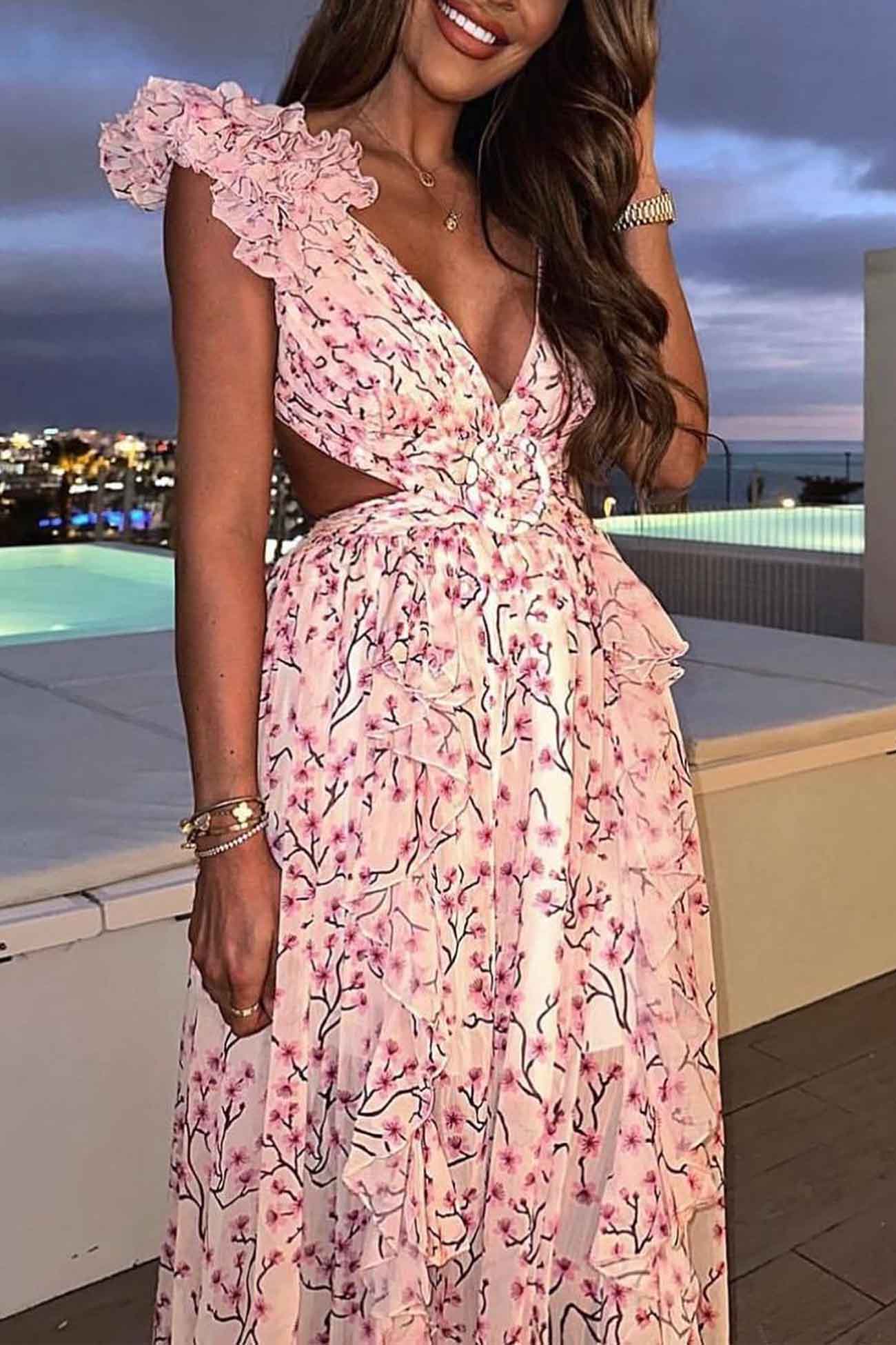 Women's Summer Floral Criss-cross Dress with Ruffles and Cut-out Waist - Image 8