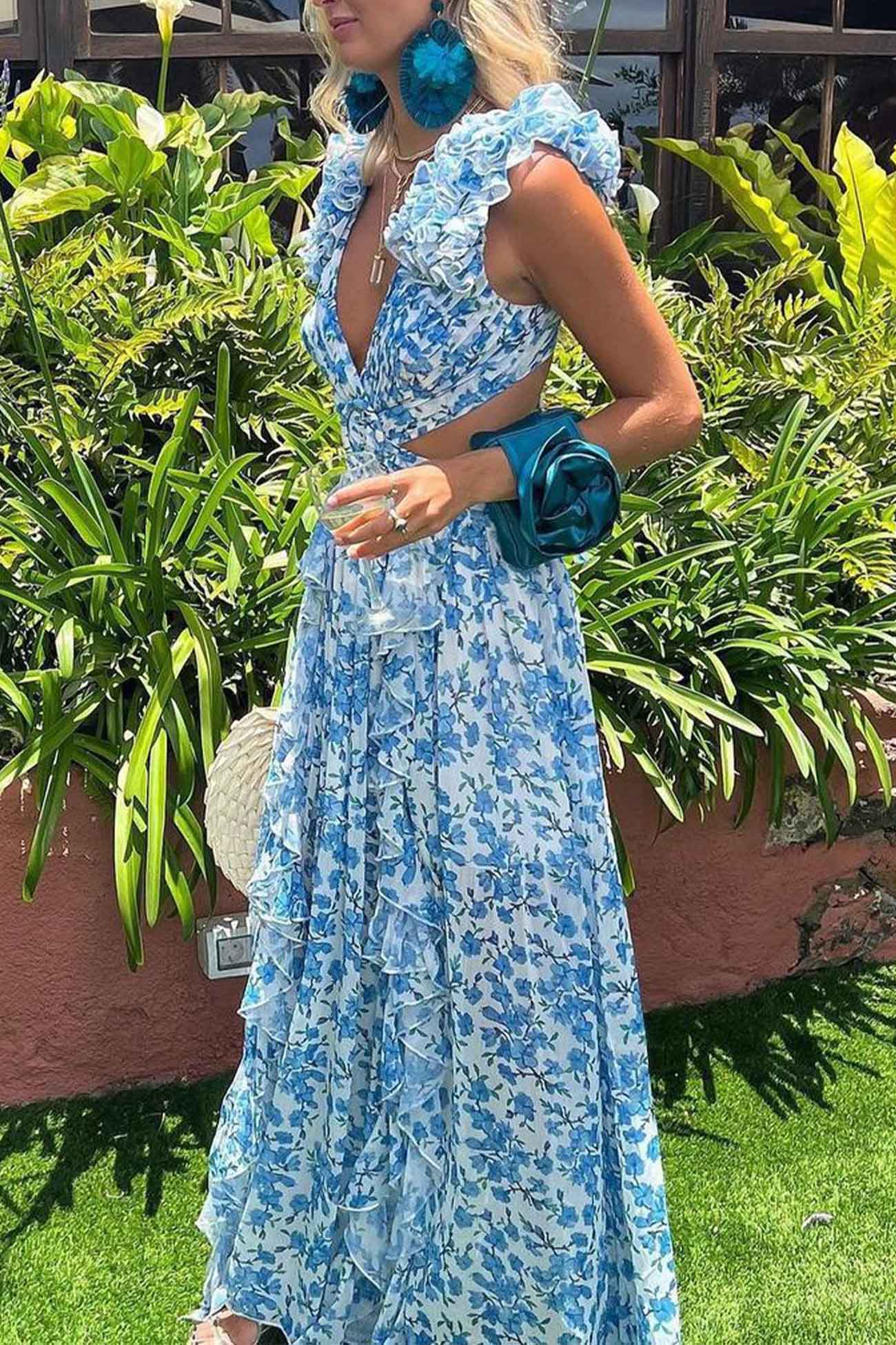 Women's Summer Floral Criss-cross Dress with Ruffles and Cut-out Waist - Image 9
