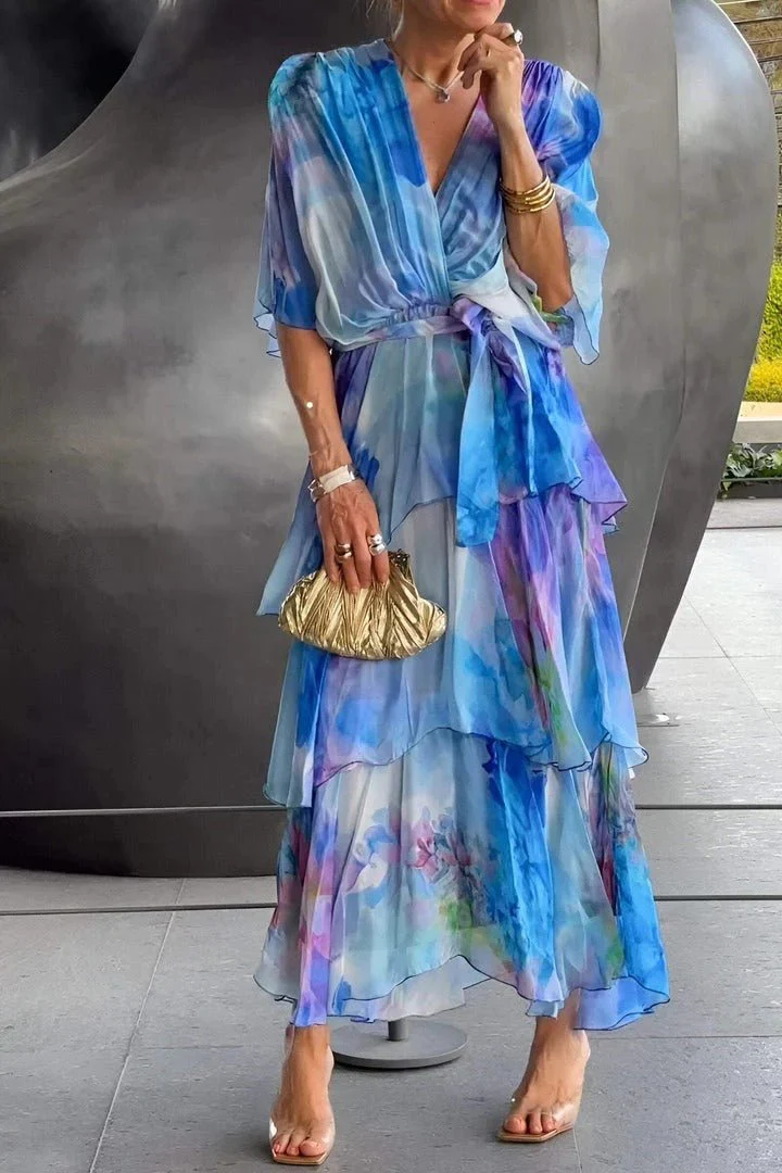 Women's Summer Floral Layered Dress with V-neck and Half Sleeves