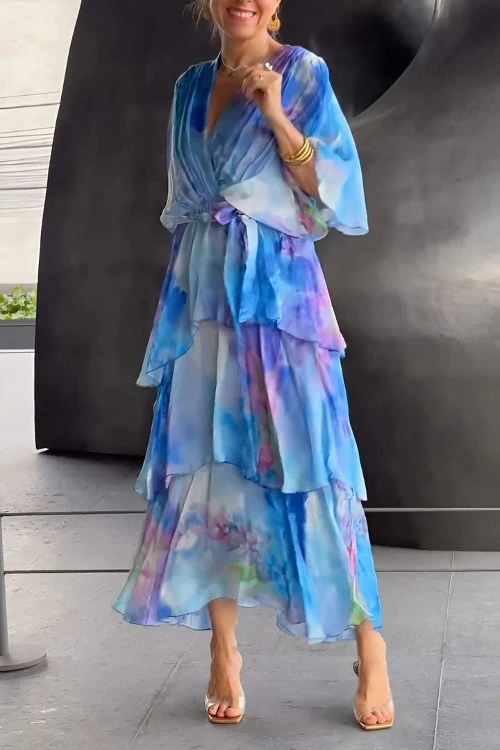 Women's Summer Floral Layered Dress with V-neck and Half Sleeves - Image 2